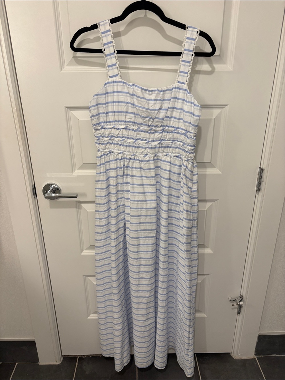 Altar'd State White Maxi Dress with Light Blue Stripes